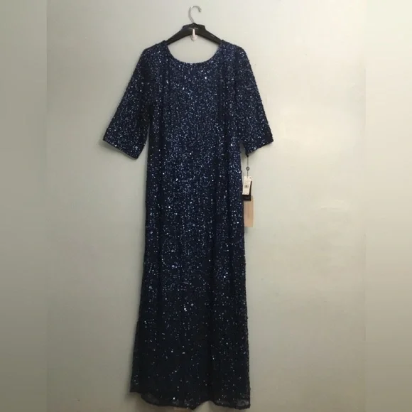 ADRIANNA PAPELL Blue and Silver Embellished Gown with Scoop Neckline - Picture 9 of 16